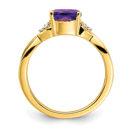 10k 7mm Cushion Checkerboard February/ Amethyst and Diamond Size 7 Ring