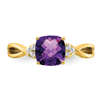 14k 7mm Cushion Checkerboard February/Amethyst and Diamond Ring