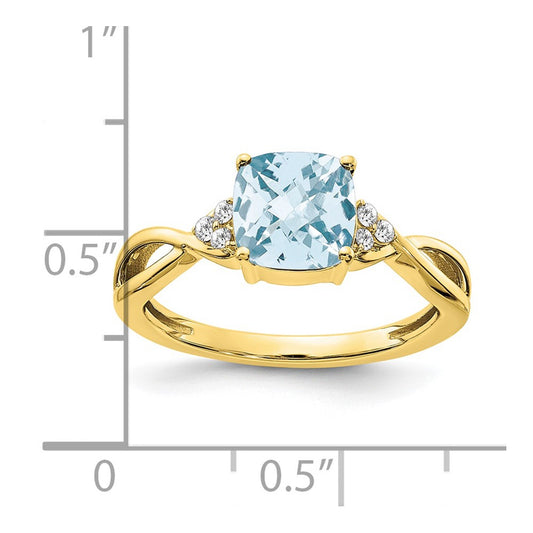 10k 7mm Cushion Checkerboard March/ Aquamarine and Diamond Size 7 Ring