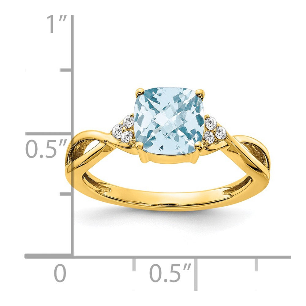 14k 7mm Cushion Checkerboard March/Aquamarine and Diamond Ring
