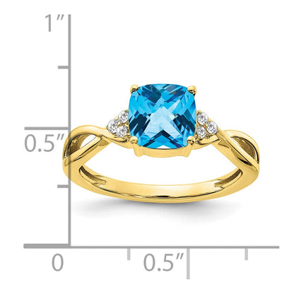 10k 7mm Cushion Checkerboard December/ Blue Topaz and Diamond Size 7 Ring