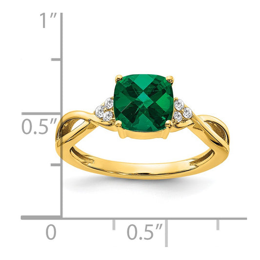 14k 7mm Cushion Checkerboard May/Lab Created Emerald and Diamond Ring