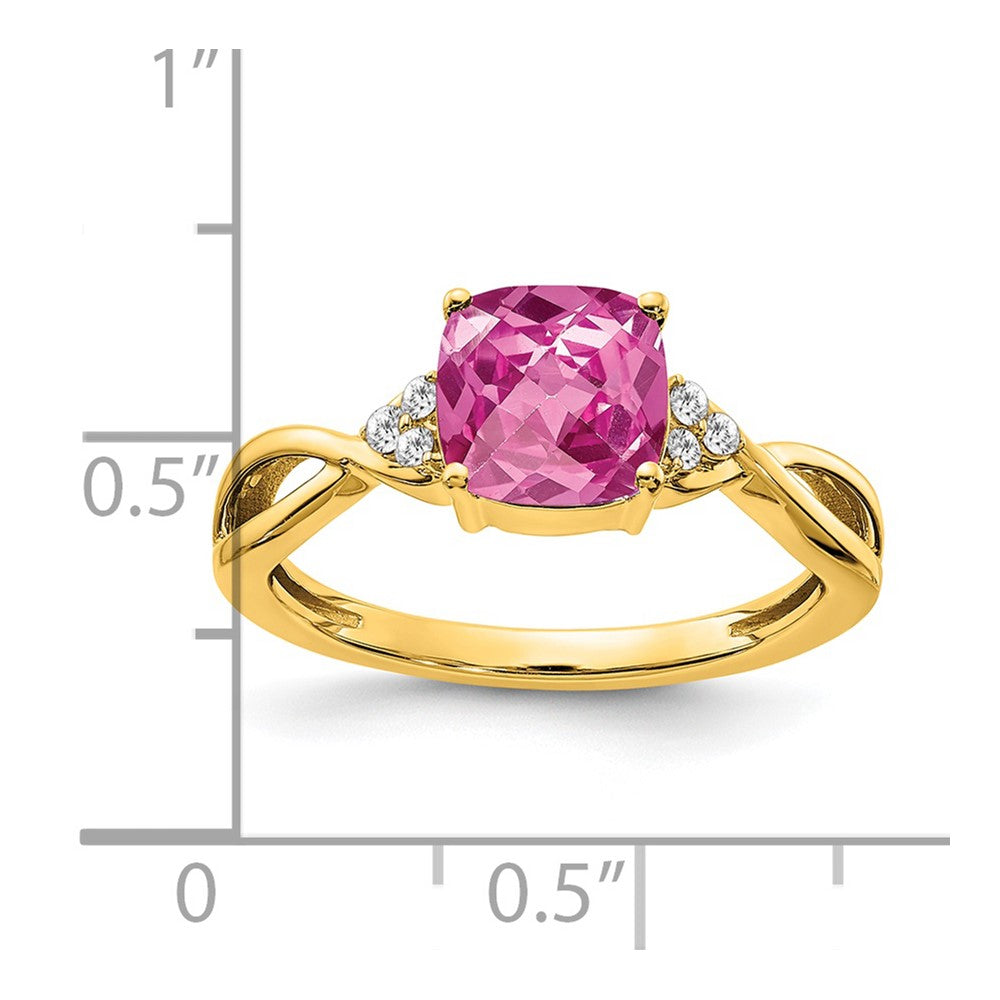 14k 7mm Cushion Checkerboard October/Lab Created Pink Sapphire and Diamond Ring