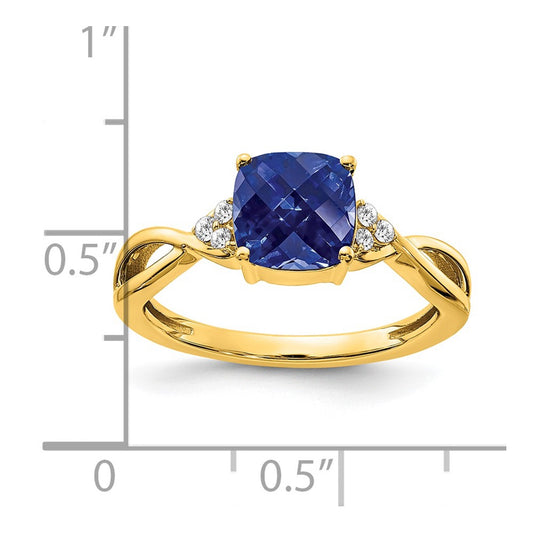 14k 7mm Cushion Checkerboard September/Lab Created Sapphire and Diamond Ring