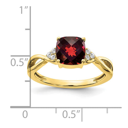 10k 7mm Cushion Checkerboard January/ Garnet and Diamond Size 7 Ring