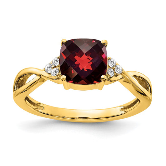 14k 7mm Cushion Checkerboard January/Garnet and Diamond Ring