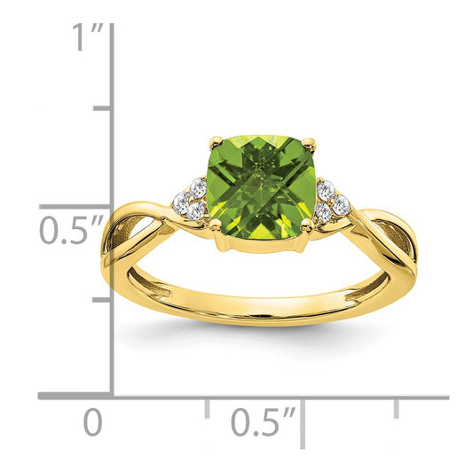 10k 7mm Cushion Checkerboard August/ Peridot and Diamond Size 7 Ring