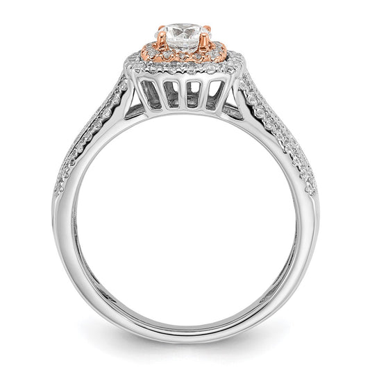 14k Two-tone Rose and White Gold 7/8 carat Lab Grown Diamond VS/SI+ G+ Round Complete Fancy Halo Engagement Ring