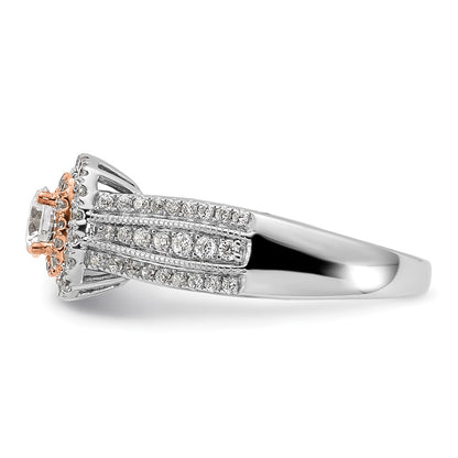 14k Two-tone Rose and White Gold 7/8 carat Lab Grown Diamond VS/SI+ G+ Round Complete Fancy Halo Engagement Ring