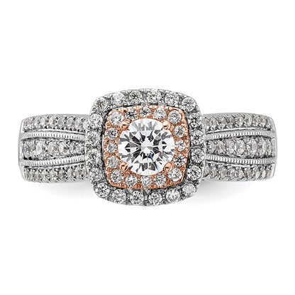 14k Two-tone Rose and White Gold 7/8 carat Lab Grown Diamond VS/SI+ G+ Round Complete Fancy Halo Engagement Ring