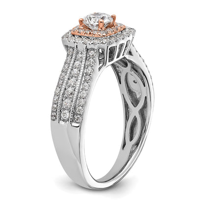 14k Two-tone Rose and White Gold 7/8 carat Lab Grown Diamond VS/SI+ G+ Round Complete Fancy Halo Engagement Ring