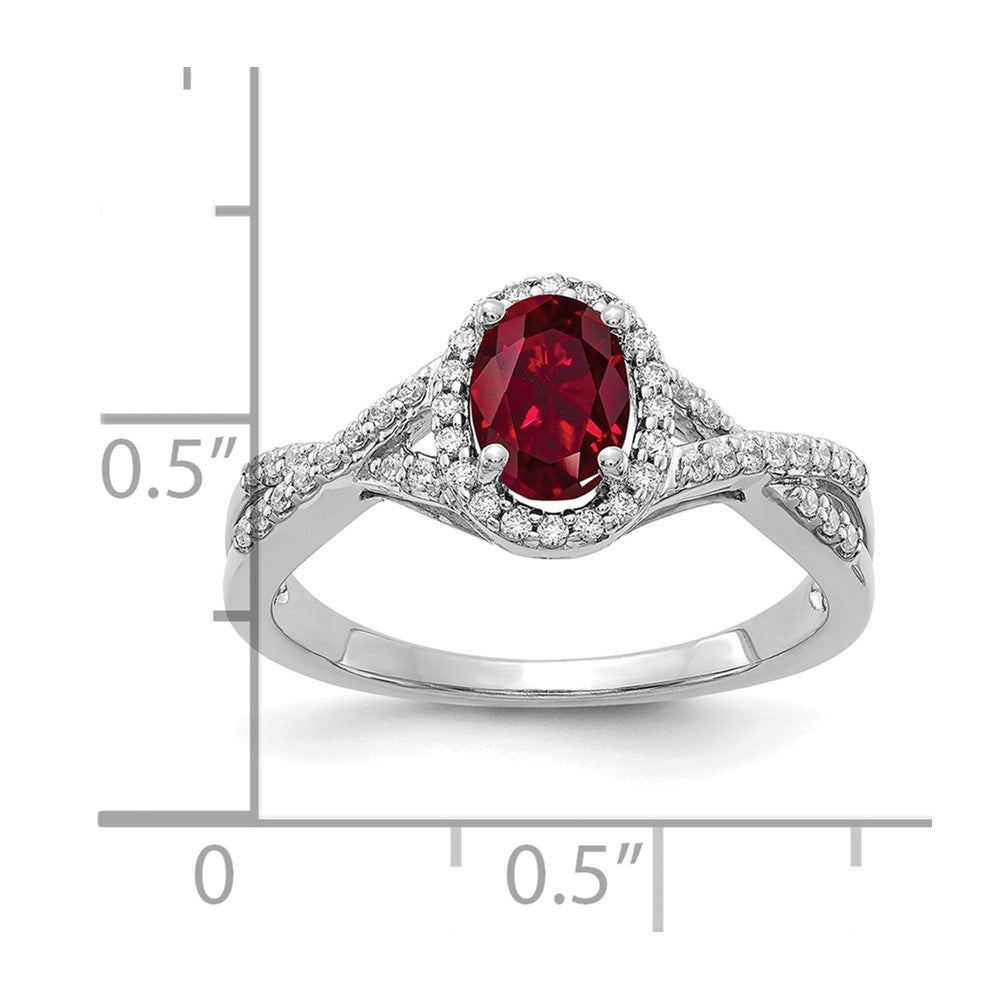 14k White Gold 1/5 carat Lab Grown Diamond VS/SI+ G+ and Lab Created Ruby Oval Complete Halo Ring