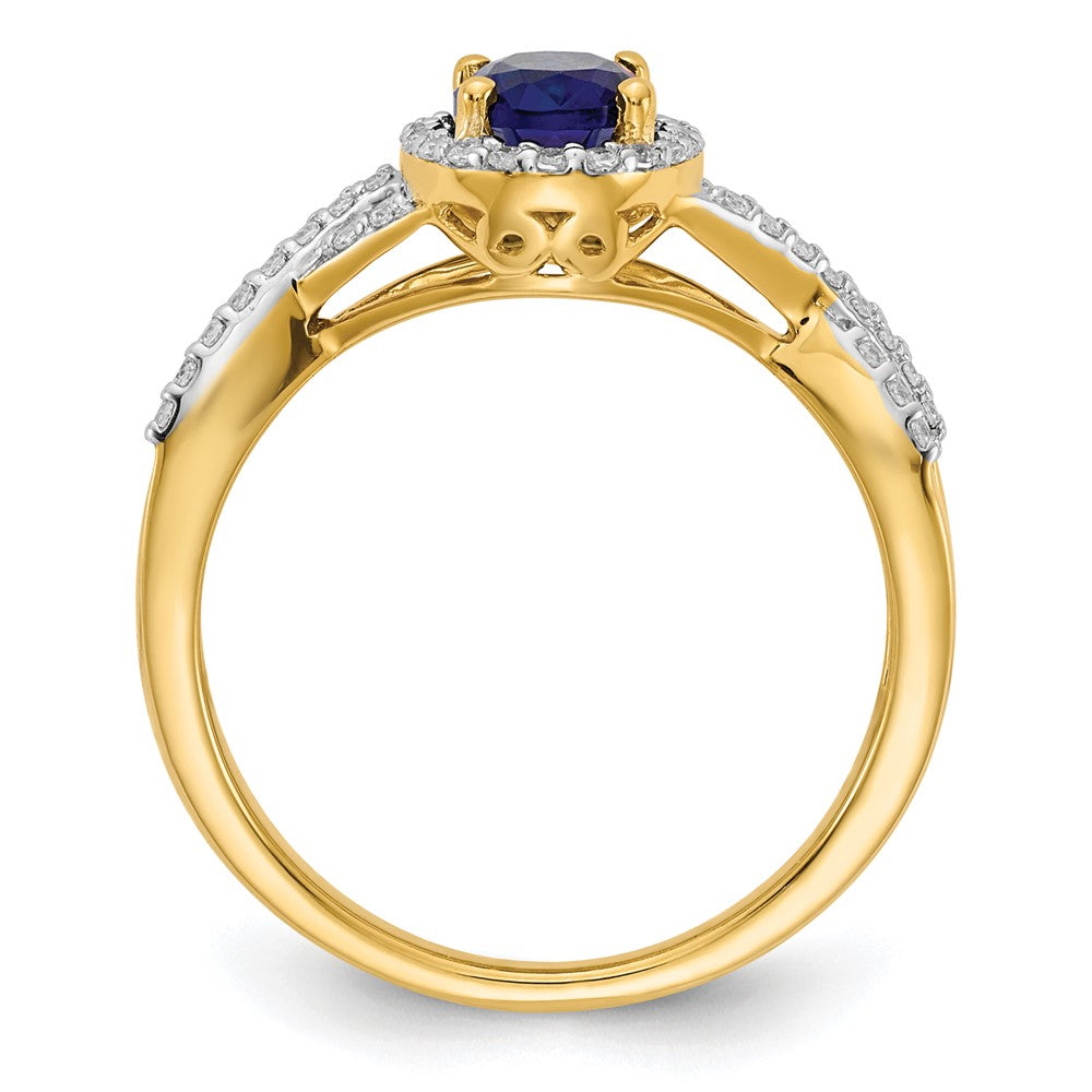 14k 1/5 carat Lab Grown Diamond VS/SI+ G+ and Lab Created Blue Sapphire Oval Complete Halo Ring
