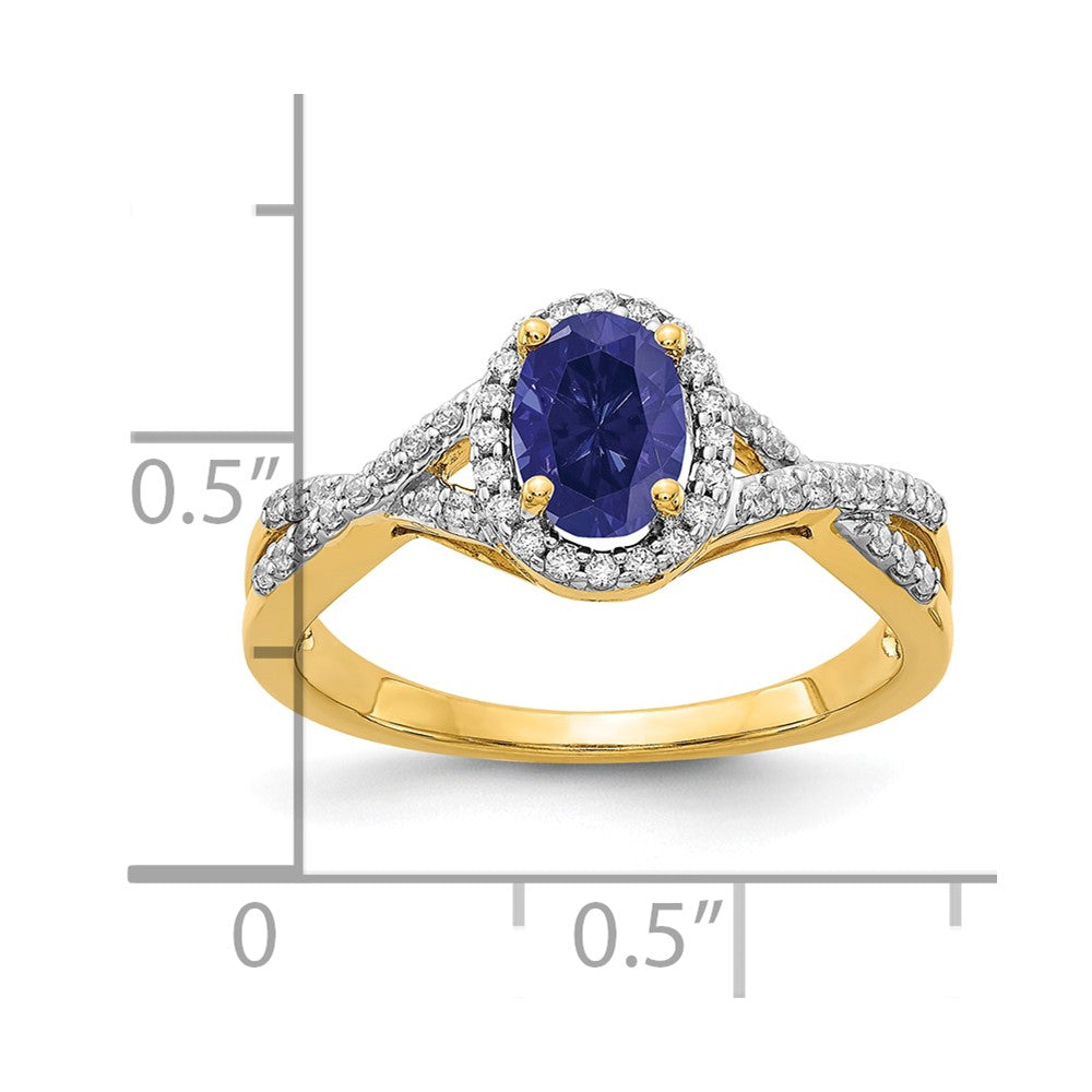 14k 1/5 carat Lab Grown Diamond VS/SI+ G+ and Lab Created Blue Sapphire Oval Complete Halo Ring