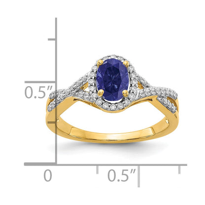 14k 1/5 carat Lab Grown Diamond VS/SI+ G+ and Lab Created Blue Sapphire Oval Complete Halo Ring