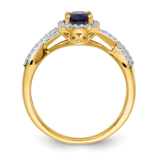 10k 1/5 carat Diamond and 7x5mm Oval Sapphire Halo Ring