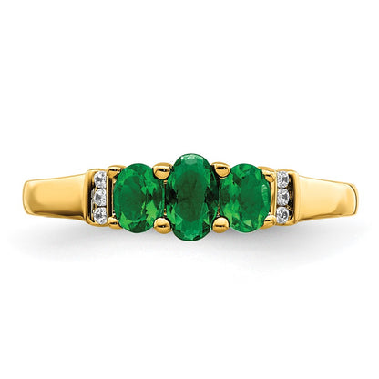 10k Polished Triple Oval Emerald and Diamond 3-stone Ring
