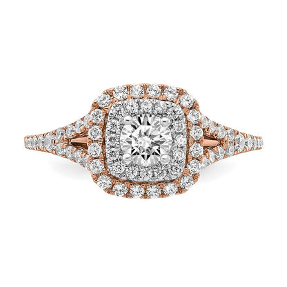 14k Rose and White Gold Double Halo (Holds 1/3 carat (4.5mm) Round Center) 1/2 carat Diamond Semi-mount Engagement Ring