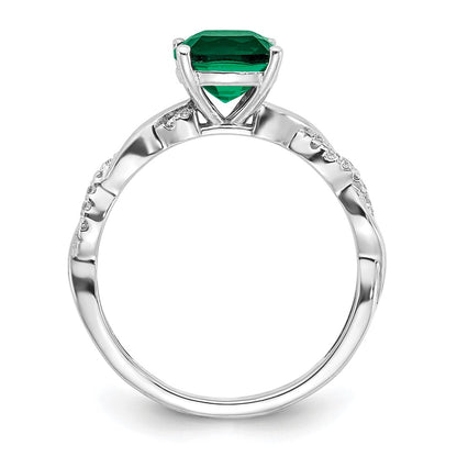 Sterling Silver Rhodium-plated Created Emerald and Diamond Ring