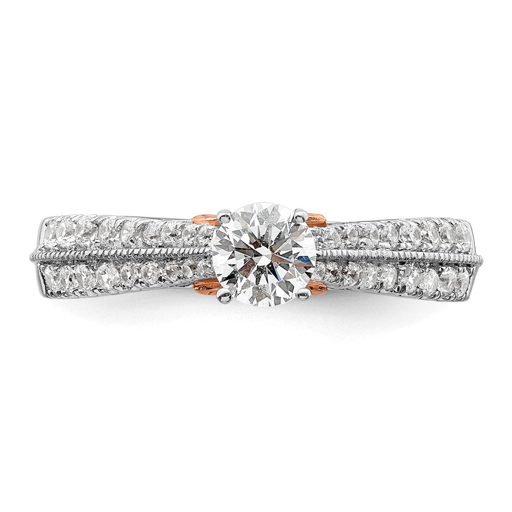 10k Two Tone Rose and White Gold 3/4 carat Lab Grown Diamond VS/SI+ G+ Round Complete Channel Set Shared Prong Engagement Ring
