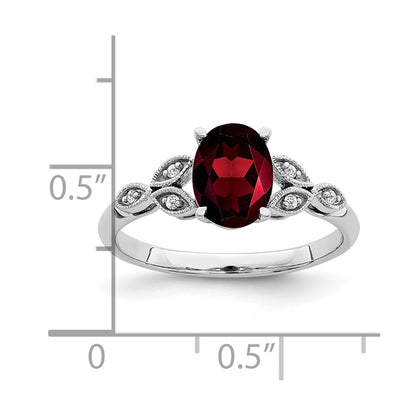 10k White Gold 8x6mm Oval Garnet and 1/20 carat Diamond Ring