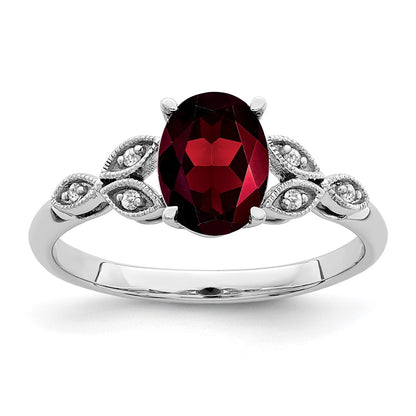 10k White Gold 8x6mm Oval Garnet and 1/20 carat Diamond Ring