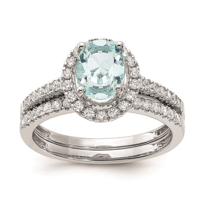 Blooming Bridal 14k White Gold Halo 8x6mm Oval Aquamarine and 1/3 carat Diamond Complete Engagement Ring