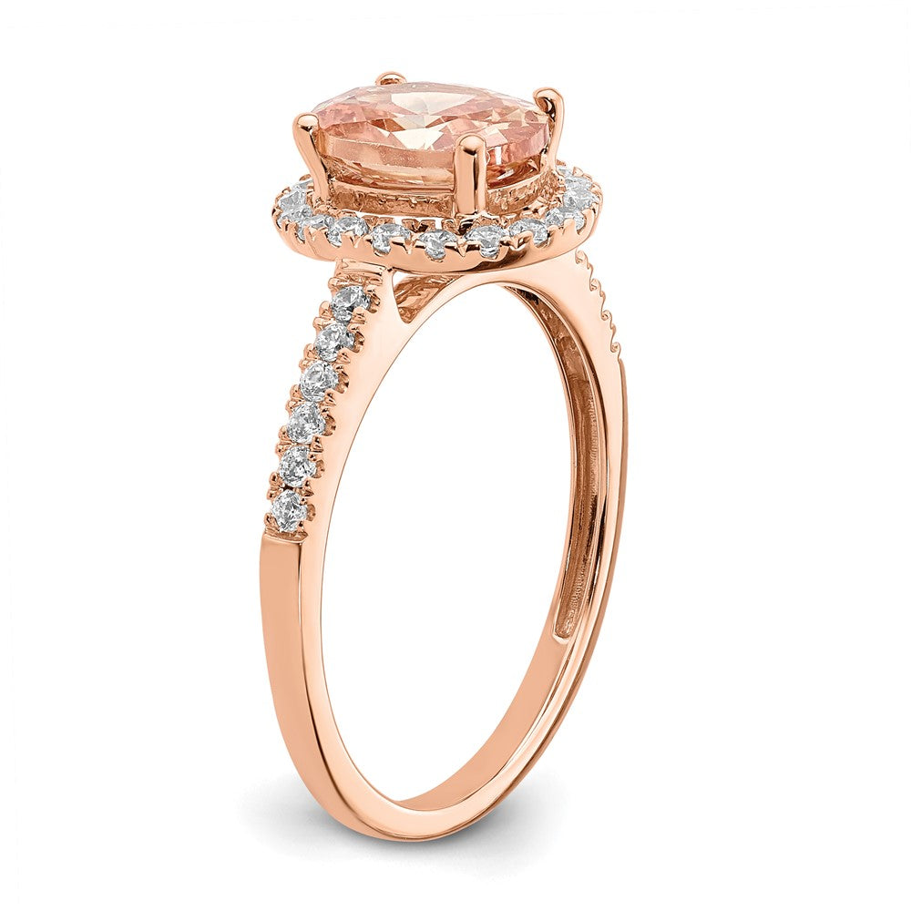 Pure Serenity 14k Rose Gold 1/3 carat Lab Grown Diamond VS/SI+ G+ and Oval Morganite Halo Engagement Ring