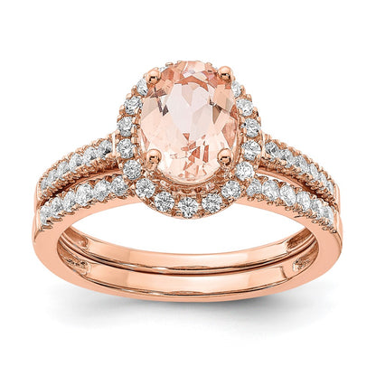 Pure Serenity 14k Rose Gold 1/3 carat Lab Grown Diamond VS/SI+ G+ and Oval Morganite Halo Engagement Ring