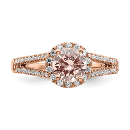 Pure Serenity 14k Rose Gold 1/4 carat Lab Grown Diamond VS/SI+ G+ and Round Morganite Halo Engagement Ring