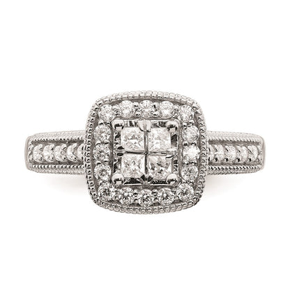 14K White Gold Square Halo Cluster 5/8 carat Princess/Round Diamond Complete Engagement Ring