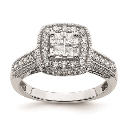 14K White Gold Square Halo Cluster 5/8 carat Princess/Round Diamond Complete Engagement Ring