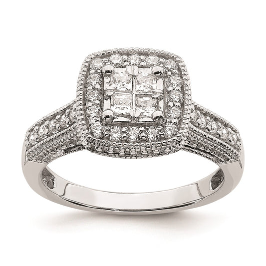 14K White Gold Square Halo Cluster 5/8 carat Princess/Round Diamond Complete Engagement Ring