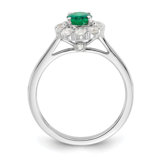 14k White Gold 5/8 carat Lab Grown Diamond VS/SI+ G+ and Oval Lab Created Emerald Complete Halo Fashion Ring
