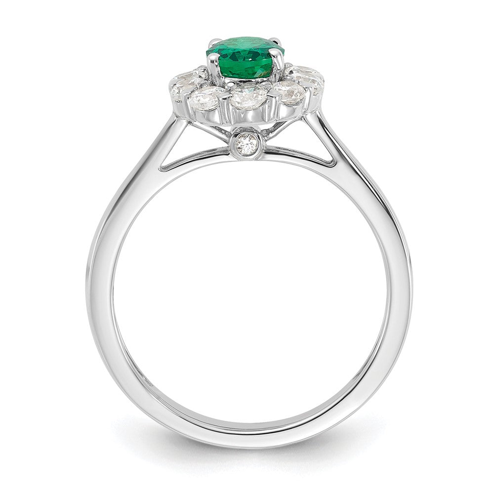 10k White Gold 5/8 carat Lab Grown Diamond VS/SI+ G+ and Oval Lab Created Emerald Complete Halo Fashion Ring