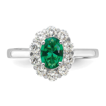 14k White Gold 5/8 carat Lab Grown Diamond VS/SI+ G+ and Oval Lab Created Emerald Complete Halo Fashion Ring