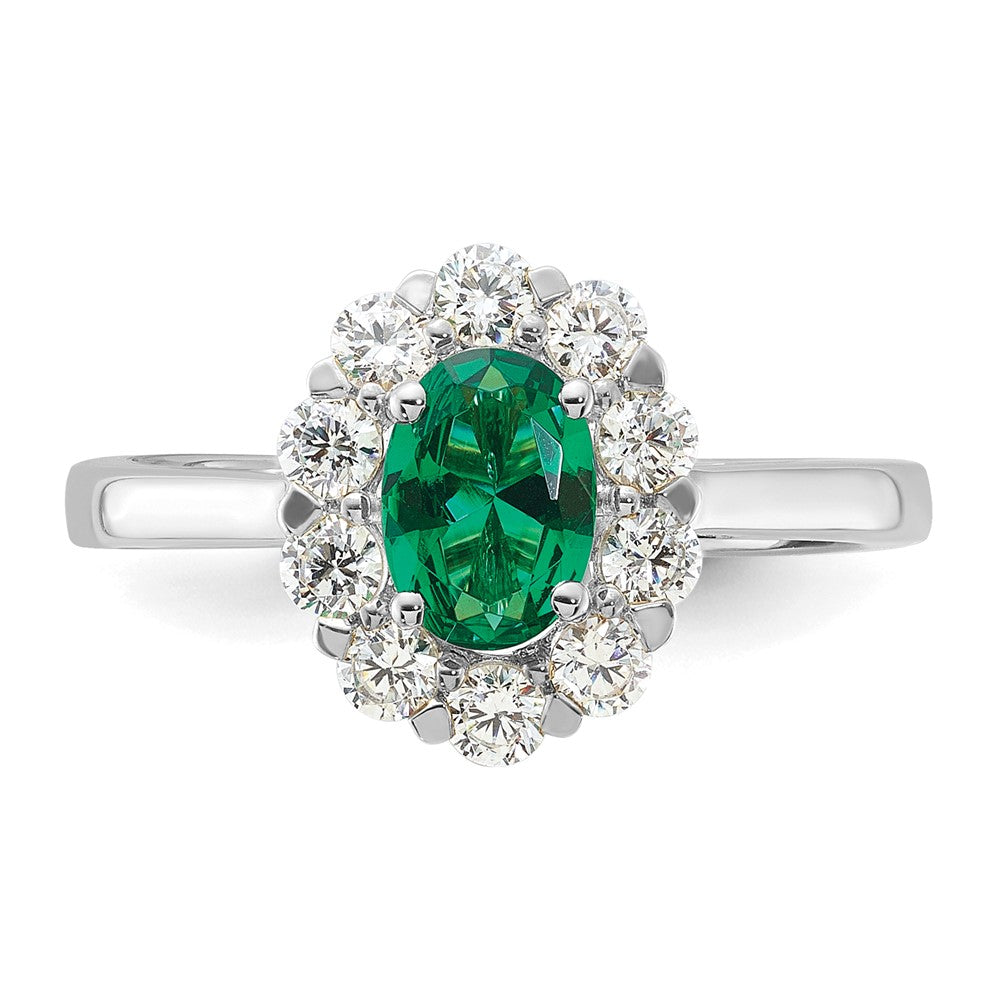 10k White Gold 5/8 carat Lab Grown Diamond VS/SI+ G+ and Oval Lab Created Emerald Complete Halo Fashion Ring