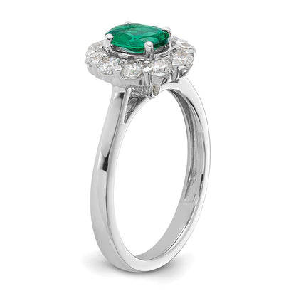 14k White Gold 5/8 carat Lab Grown Diamond VS/SI+ G+ and Oval Lab Created Emerald Complete Halo Fashion Ring
