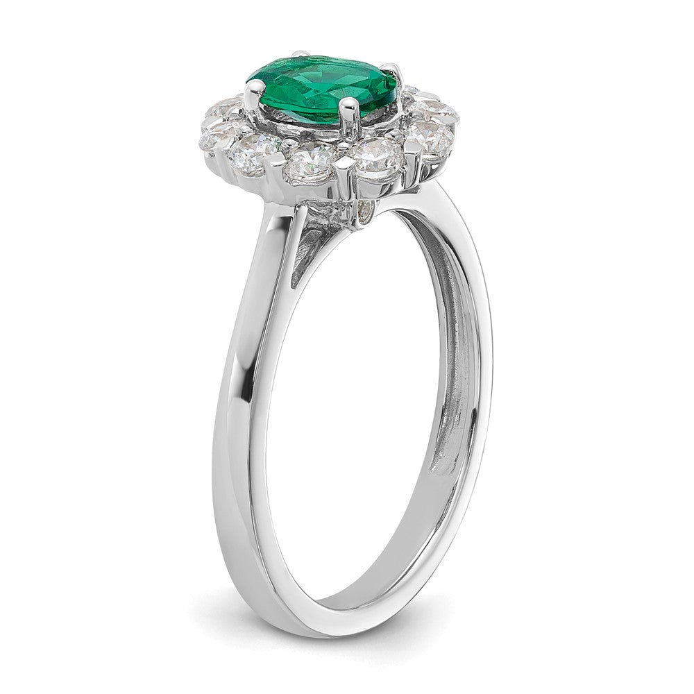 10k White Gold 5/8 carat Lab Grown Diamond VS/SI+ G+ and Oval Lab Created Emerald Complete Halo Fashion Ring