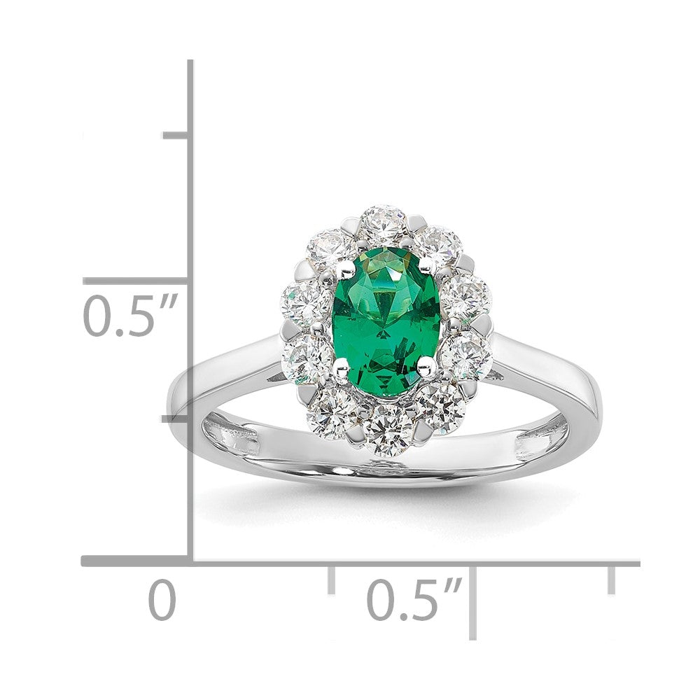 10k White Gold 5/8 carat Lab Grown Diamond VS/SI+ G+ and Oval Lab Created Emerald Complete Halo Fashion Ring