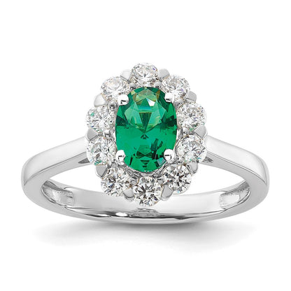 14k White Gold 5/8 carat Lab Grown Diamond VS/SI+ G+ and Oval Lab Created Emerald Complete Halo Fashion Ring
