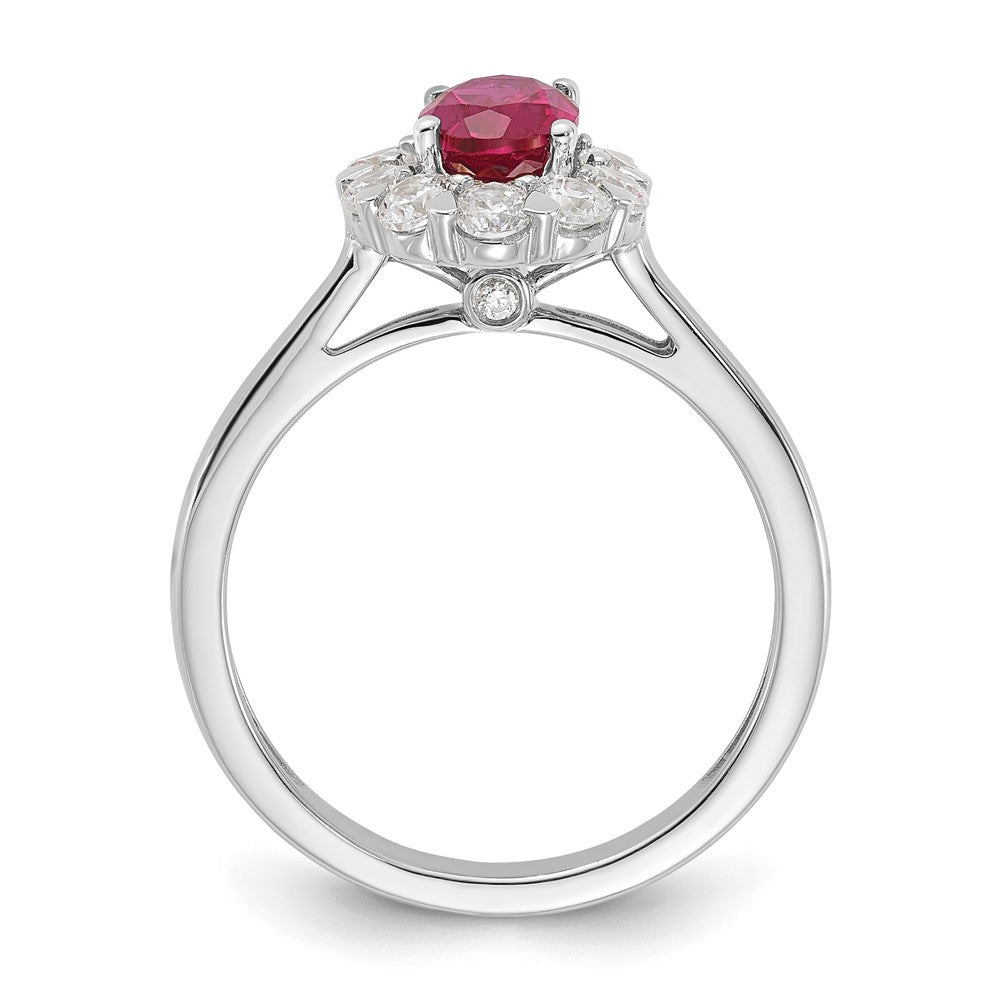 14k White Gold 5/8 carat Lab Grown Diamond VS/SI+ G+ and Oval Lab Created Ruby Complete Halo Fashion Ring