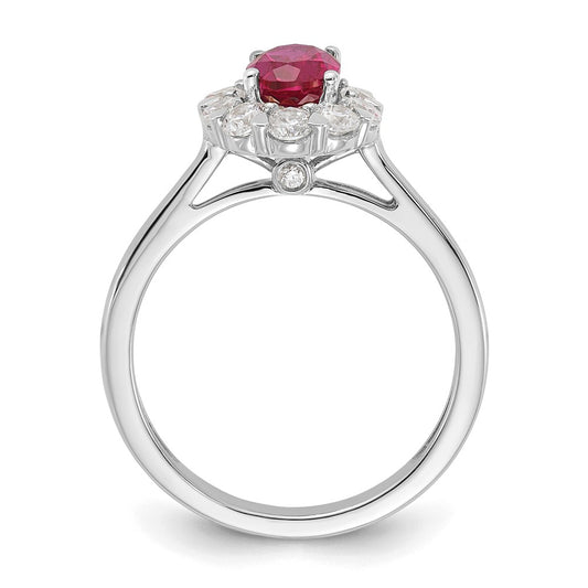 10k White Gold 5/8 carat Lab Grown Diamond VS/SI+ G+ and Oval Lab Created Ruby Complete Halo Fashion Ring