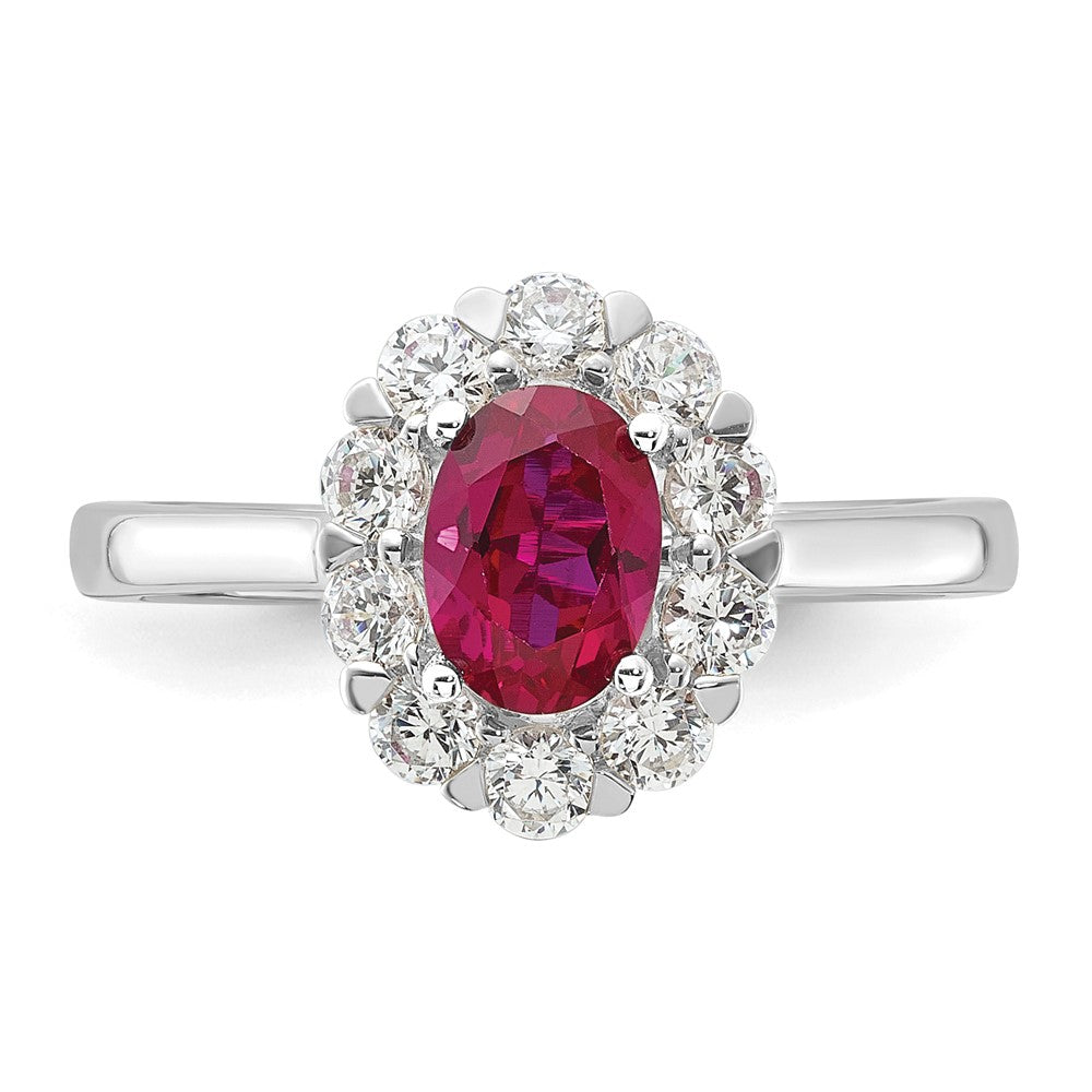 14k White Gold 5/8 carat Lab Grown Diamond VS/SI+ G+ and Oval Lab Created Ruby Complete Halo Fashion Ring
