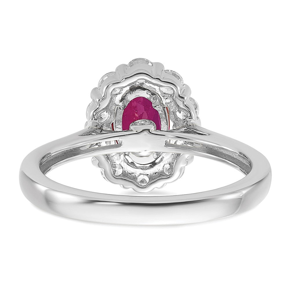 14k White Gold 5/8 carat Lab Grown Diamond VS/SI+ G+ and Oval Lab Created Ruby Complete Halo Fashion Ring