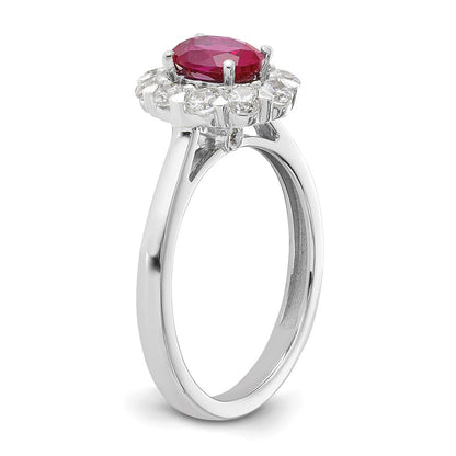 10k White Gold 5/8 carat Lab Grown Diamond VS/SI+ G+ and Oval Lab Created Ruby Complete Halo Fashion Ring