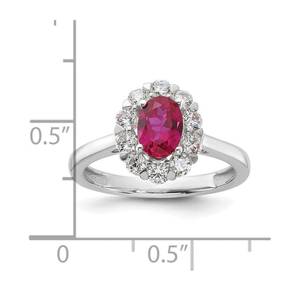 10k White Gold 5/8 carat Lab Grown Diamond VS/SI+ G+ and Oval Lab Created Ruby Complete Halo Fashion Ring