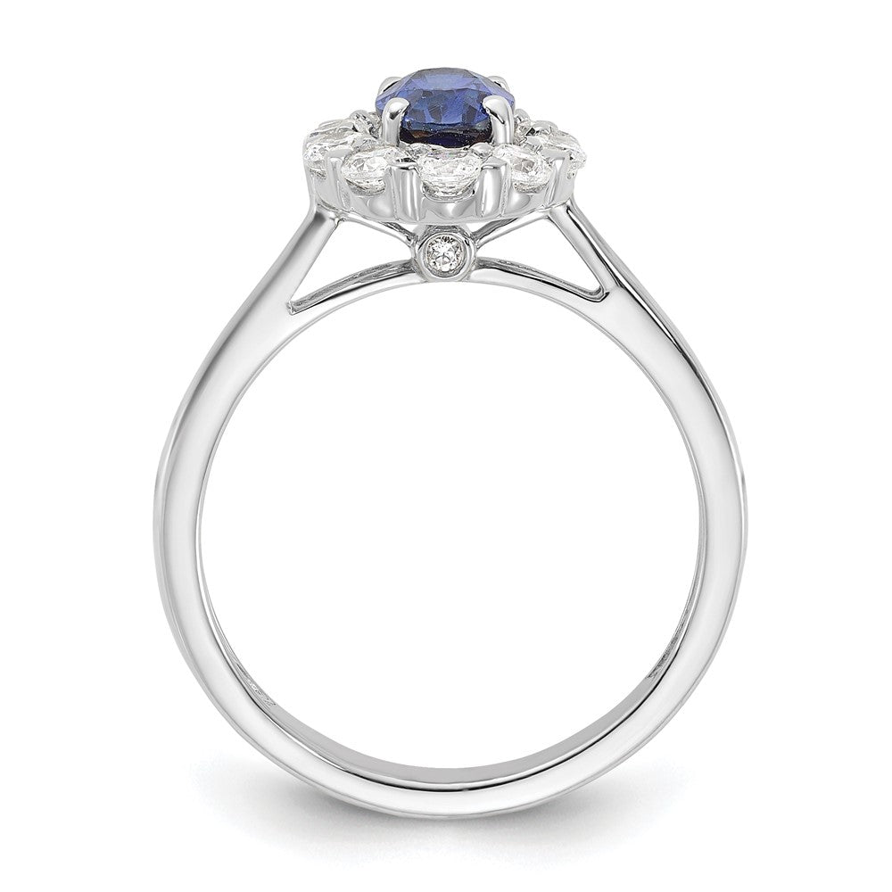 10k White Gold 5/8 carat Lab Grown Diamond VS/SI+ G+ and Oval Lab Created Blue Sapphire Complete Halo Fashion Ring
