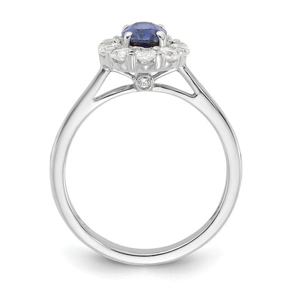 10k White Gold 5/8 carat Lab Grown Diamond VS/SI+ G+ and Oval Lab Created Blue Sapphire Complete Halo Fashion Ring
