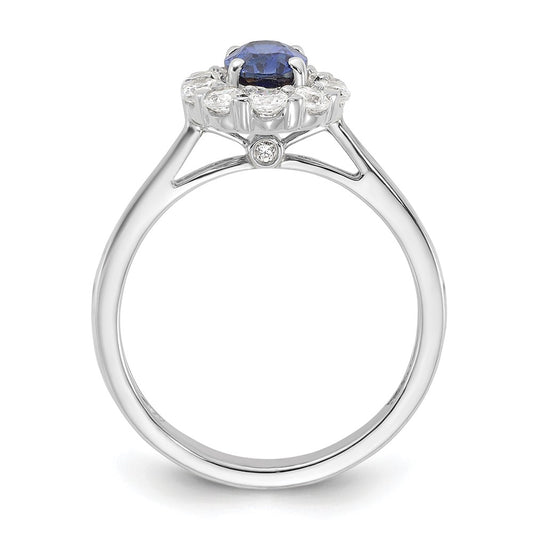 14k White Gold 5/8 carat Lab Grown Diamond VS/SI+ G+ and Oval Lab Created Blue Sapphire Complete Halo Fashion Ring